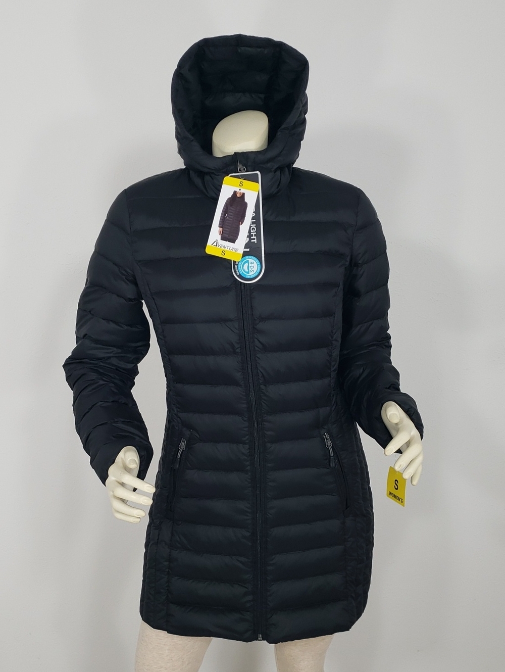 NWT AVENTURE BLACK ULTRA LIGHT 650 FILL DOWN PUFFER HOODED JACKET COAT WOMEN S